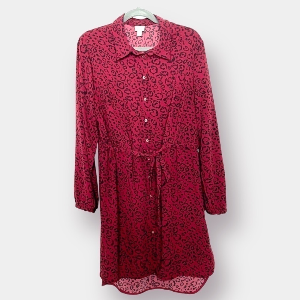 Maroon Black Leopard Print Tie Dress Long Sleeves Button Up Size XXL